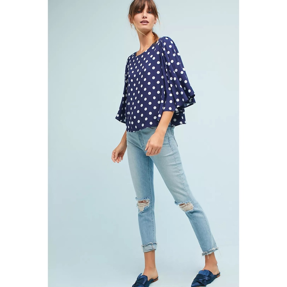 Anthropologie Isla Maude Valentina Floral Top Navy Blue White Polka Dot Small - Picture 3 of 9